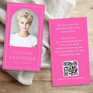 Custom hot pink business card with modern arch shaped photo, white text, and QR code design template.