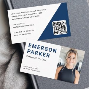Modern personal trainer business card template with photo, navy blue accents, and QR code for fitness services.