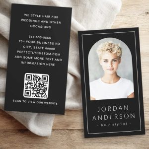 Modern arch photo thin border QR code black Business Card