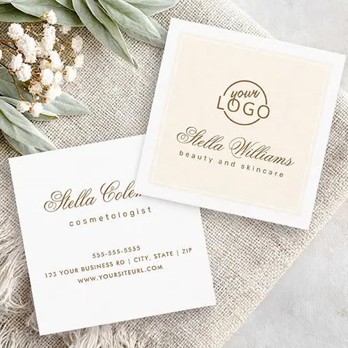 Sophisticated cosmetologist and salon business cards. A minimalist layout with clean white or cream background, elegant script name, and comprehensive contact info. Ideal for freelancers, salon owners, and beauty professionals.