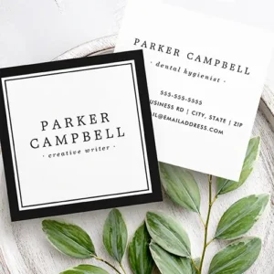 A customizable square business card. The front has a heavy black outer border and elegant serif text for name and title, the back is all white with comprehensive contact details.