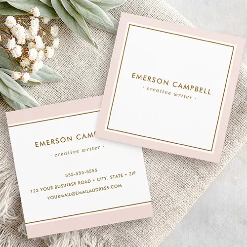 Square business cards with blush pink borders, golden-brown dividing lines, and customizable contact information.