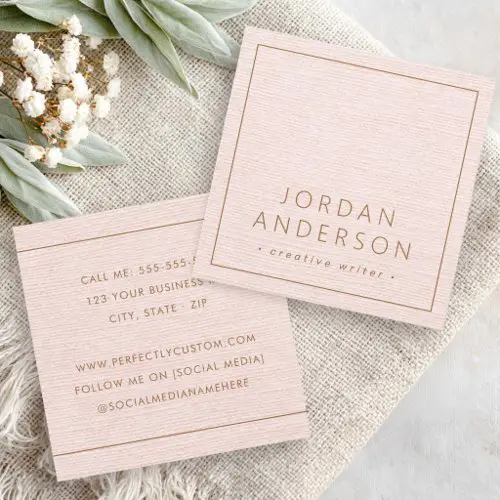 Elegant square business cards, featuring a stunning printed blush pink linen fabric texture and elegant copper brown accents.