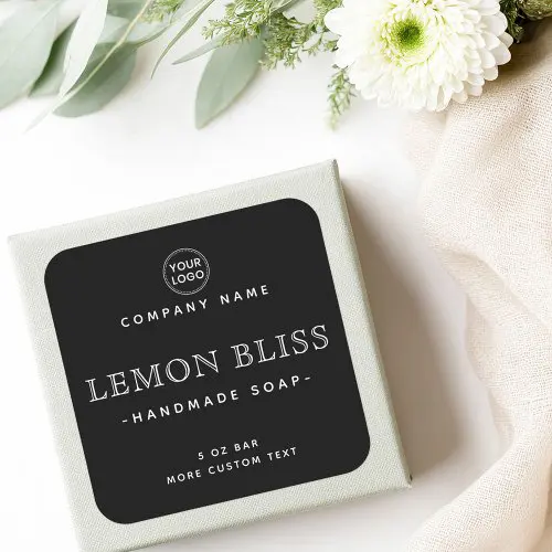 Minimalist black product label template with customizable white text for candles, soaps, or handmade goods. Elegant modern design for small businesses and boutique brands.