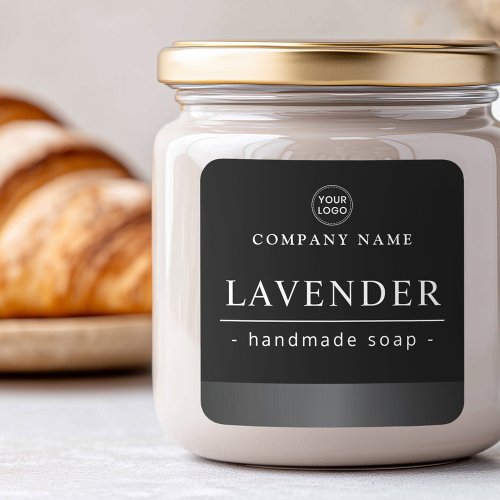 Black square customizable product label design with gray gradient border, white serif and sans-serif text, and rounded corners.