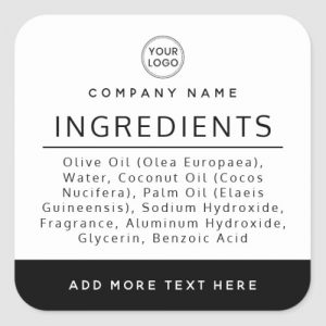 White ingredient list product label with custom logo and black or any color border