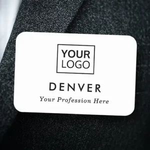 Universal white rectangular plastic name tag with rounded or square corners featuring a top custom logo, bold custom employee name, and an italic job title line.
