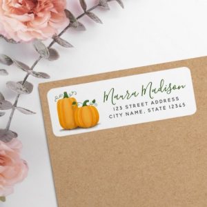 Autumn harvest Thanksgiving return address labels with pumpkin illustration