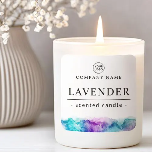 Square white product labels with modern typography and watercolor border in teal, purple, and aqua tones along the bottom. Customizable template for handmade or boutique goods.