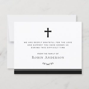 Black (or custom color) cross and border funeral sympathy thank you notecard
