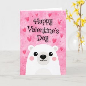 Happy Valentine's Day Card with cute bear cub and pink hearts