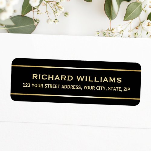 Elegant black return address labels with golden gradient accent lines, customizable name and address in serif font.