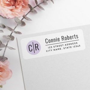 Return address labels with your monogram initials on light purple circle