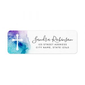 Aqua blue and purple watercolor paint with white cross Christian faith return address labels