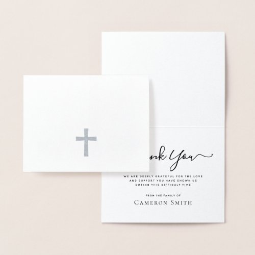 Elegant, minimal, sympathy/loss thank you notecard with real foil silver cross
