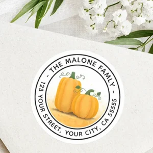 Circular envelope sticker displaying a watercolor style illustration of two orange pumpkins inside a double black ring frame with curved return address text around the border.