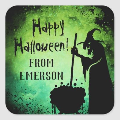 Witch witch cauldron gren and black Happy Halloween sticker