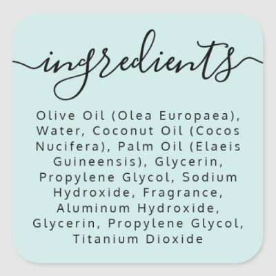 Light aqua blue ingredient list label with text "ingredients" in an elegant calligraphy script font