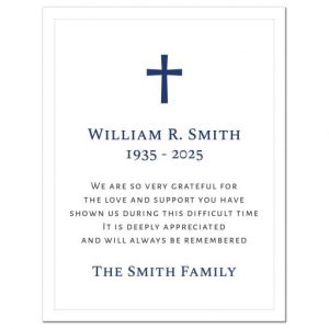 Funeral bereavement sympathy thank you cards with blue or custom color, elegant Christian cross