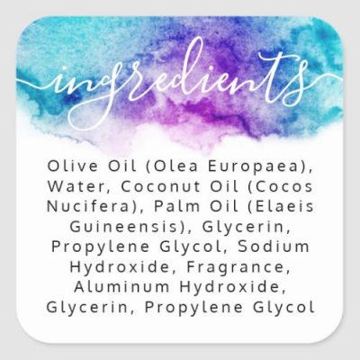 Ingredient list product label with aqua blue and purple watercolor paint border