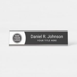 Modern black and white metal desk name plate with custom logo or photo