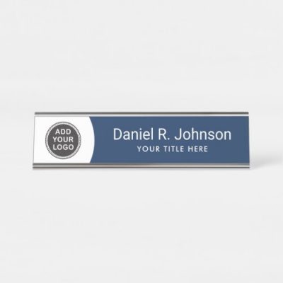 Dark blue and white custom logo office desk name plate