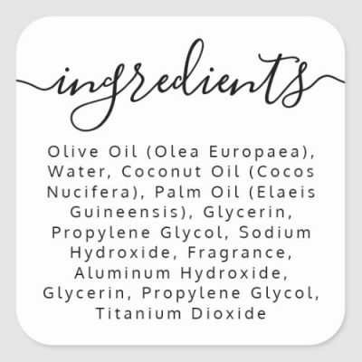 White ingredient list label with modern script font