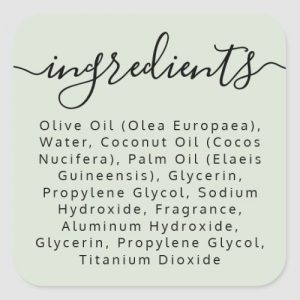 Light sage green ingredient list label with elegant calligraphy script font