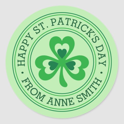 Happy St Patrick's Day green round stickers with custom name and elegant shamrock
