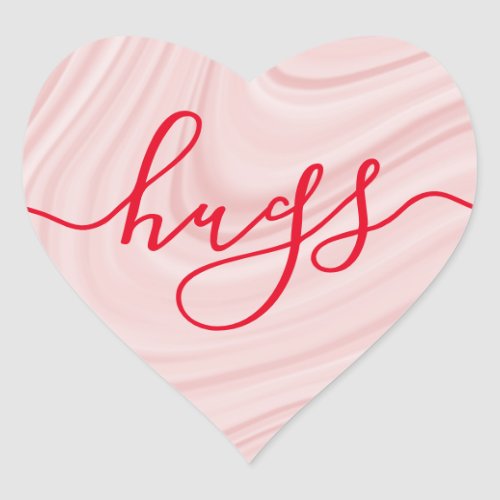 Valentine's Day heart stickers with red text "hugs" on a pink satin swirl background