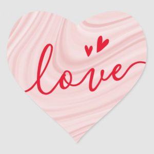 Valentine's Day stickers with red text "love" and two hearts on a pink satin swirl background