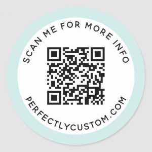 Round, light aqua blue border QR code sticker with customizable text top and bottom