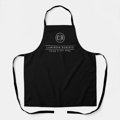 Black apron with modern monogram initials, name and title/company