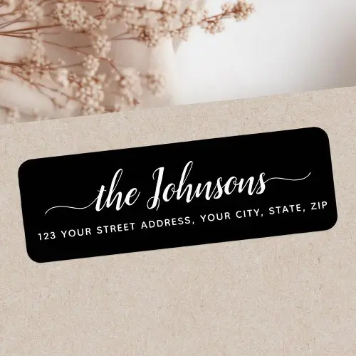 A rectangular return address label with rounded corners, featuring white text against a black background. Perfect for adding an elegant touch to envelopes.