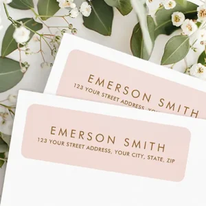 A rectangular self-adhesive return address label featuring a solid light blush pink background with warm tan-bronze text. The centered layout consists of two lines of widely spaced, uppercase sans-serif text showing a custom name on top and a full address below.