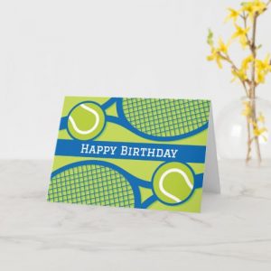 Tennis themed blue and green Happy Birthday card with rackets and balls