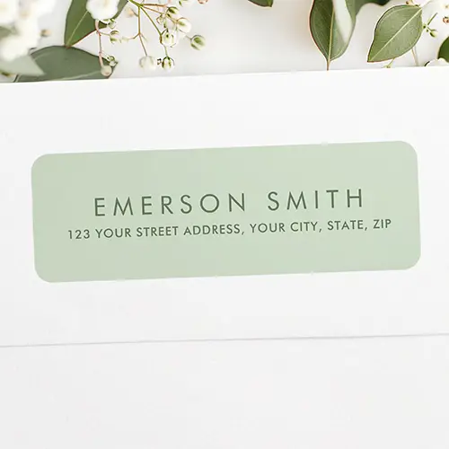 A rectangular self-adhesive return address label featuring a solid light sage green background with dark forest green text. The centered layout consists of two lines of widely spaced, uppercase sans-serif text showing a custom name on top and a full address below.