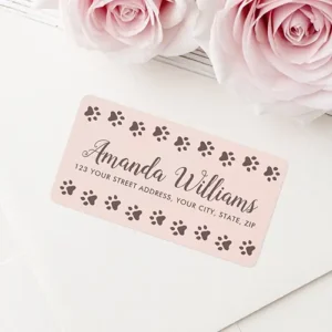 Personalize your mail with custom blush pink return address labels featuring cute paw print borders and script calligraphy. Order your envelope stickers today!