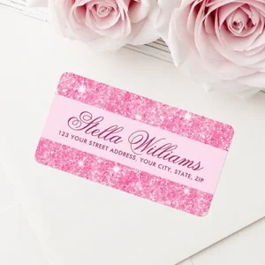 Rectangular address sticker featuring top and bottom hot pink glitter borders and a light pink center stripe with script text.