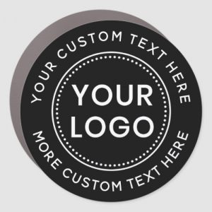 Round, black vehicle advertising car magnet with custom logo and text