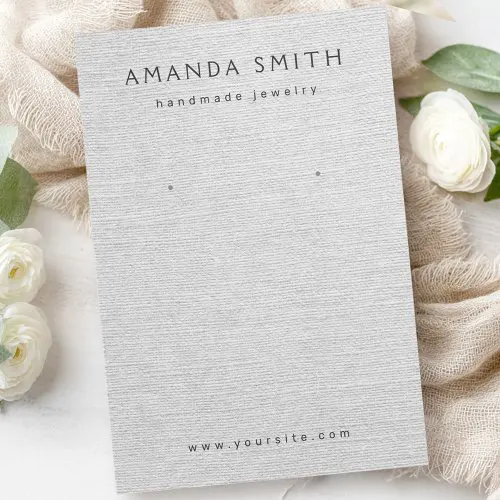 Elegant gray linen print earring display cards with customizable business name and contact details for jewelry makers and small brands.