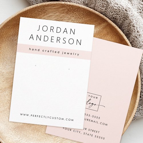 Minimalist blush pink and white earring display card with custom logo and contact details for handmade jewelry sellers.