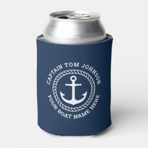 Dark blue can cooler with custom captain and boat name around a nautical anchor