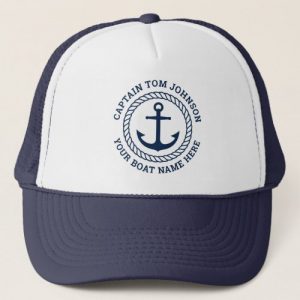 Captain and boat name trucker hat with anchor and rope border