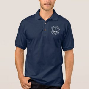 Navy blue polo shirt with custom captain and boat name around an anchor