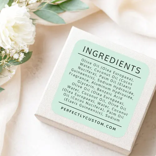 Mint green minimalist ingredients label sticker with bold title, clean font, and rounded corners. Perfect for handmade soap, candle, and skincare packaging.
