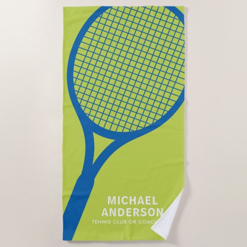 Blue and green tennis coach or player beach towel with personalized name