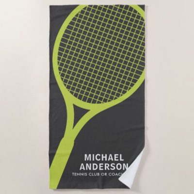 Tennis racket beach towel with personalized name and club or title