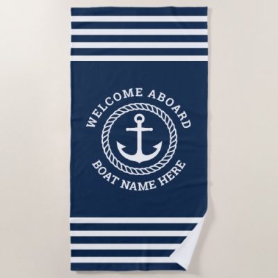 Beach towel with your custom boat around an anchor with rope border
