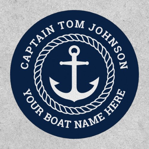 Dark blue patch with custom captain and boat name around an anchor with rope border